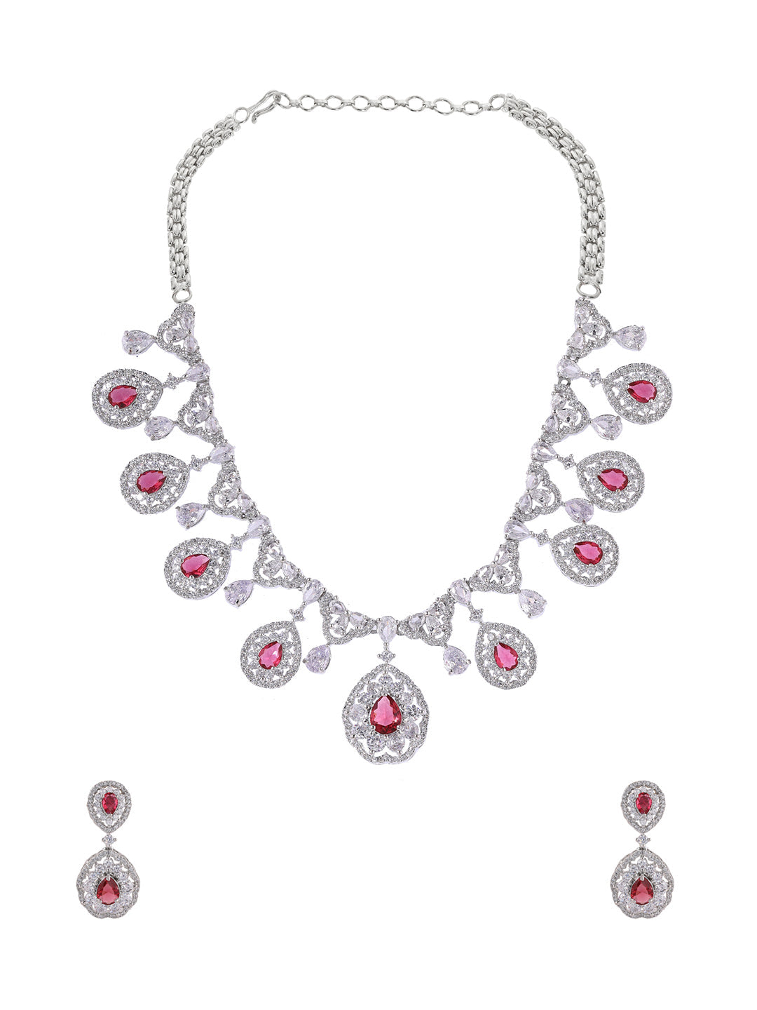 Priyaasi American Diamond Floral Red Jewellery Set