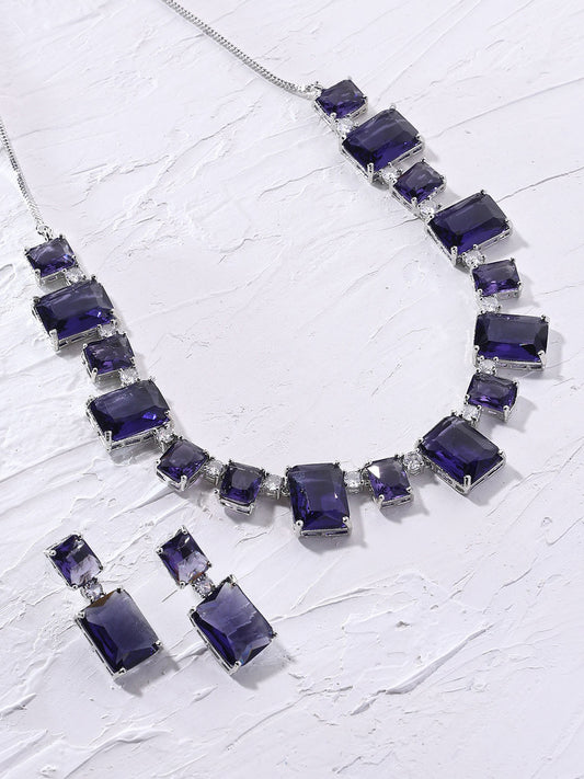 Priyaasi Purple Geometrical Design Silver Plating Necklace with Elegant Drop Earrings Jewellery Set