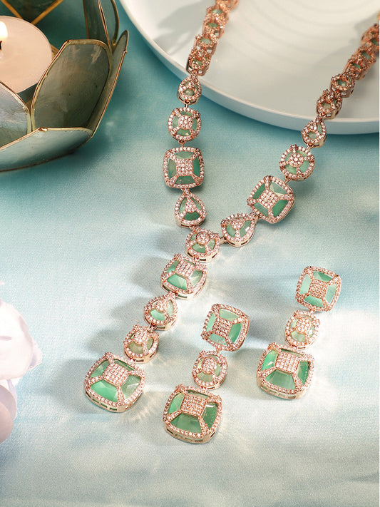 AD Mint Stoned Geometric Pattern Rose gold Plated Necklace and Drop Earrings Jewellery Set