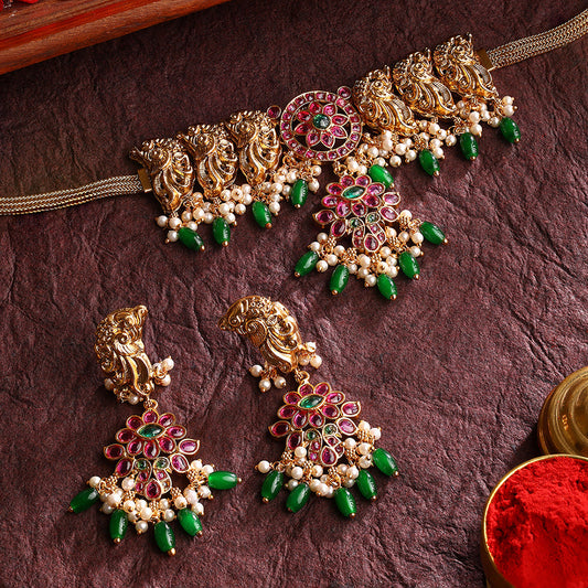Peacock Ruby Attigai Necklace Floral Pattern with Drop Earrings Jewellery Set