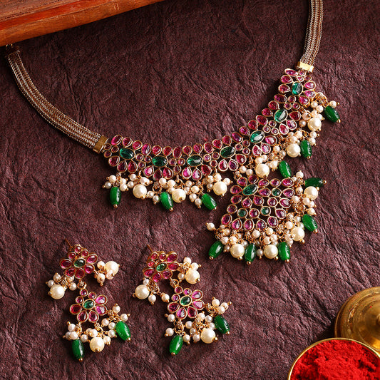 Floral Pattern Ruby Green Combo Elegance with Drop Earrings Jewllery Set