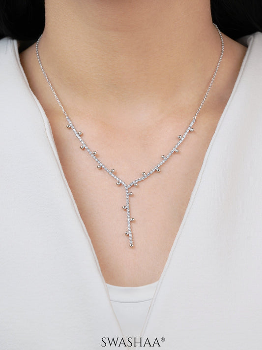 Jane Silver Beads Charms Diamonds Studded Y-shaped Chain Pendant Necklace