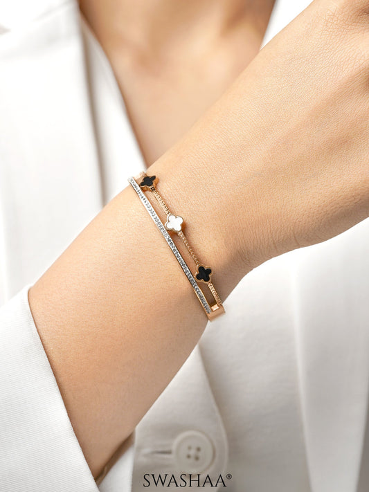 Kinsley Twin Layered Black White Clover Charm Diamond Rosegold Plated Bracelet
