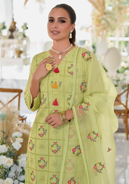 Light Green Embroidery Work Cotton Kurti And Bottom With Cotton Dupatta For Women & Girls