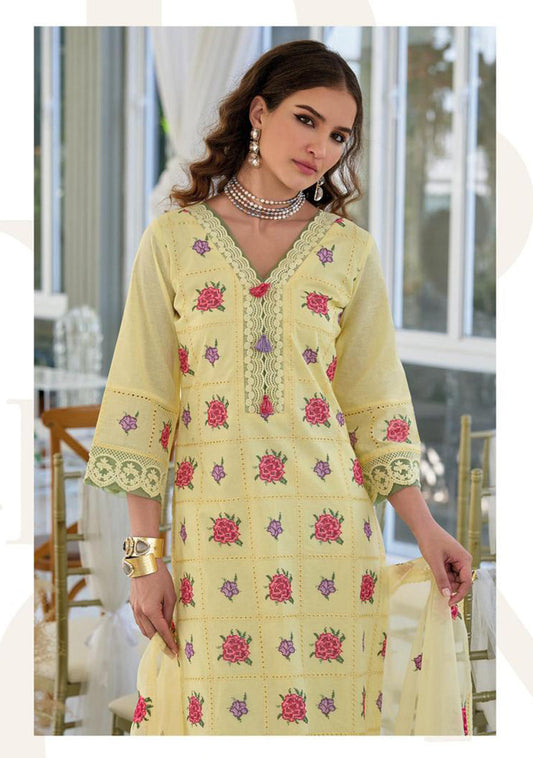 Yellow Embroidery Work Cotton Kurti And Bottom With Cotton Dupatta For Women & Girls