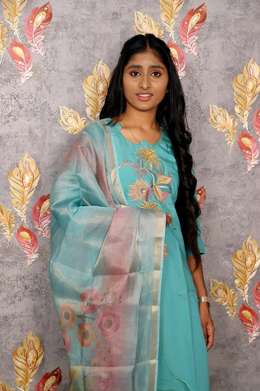 Light Blue Kurti With Embroidery Floral Design For Women & Girls