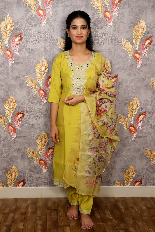 Yellow Kurti With Floral Dupatta For Women & Girls