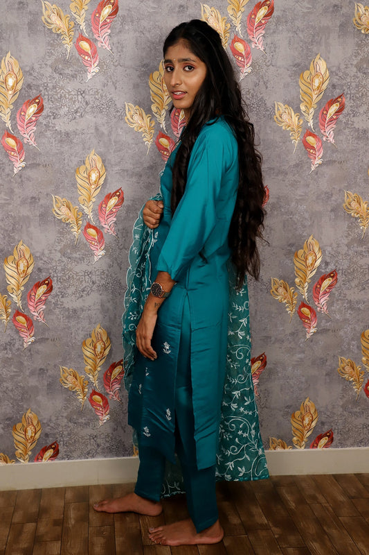 Teal Colored Kurti With Floral Design For Women & Girls