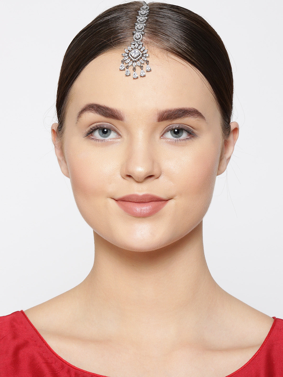 Chand Noor - Floral American Diamond Studded Silver Plated MaangTikka