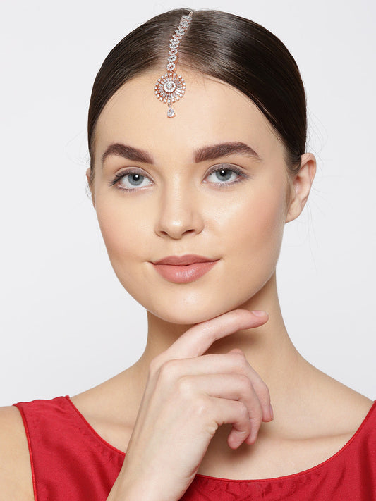 Rose Gold Plated American Diamond Studded Circular Shape MaangTikka