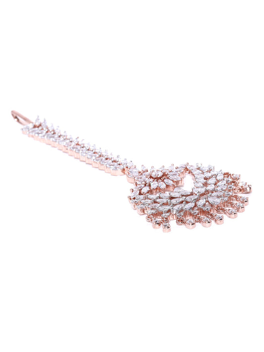 Pixie Dust-Floral Leaf Rose Gold Plated American Diamond Studded MaangTikka