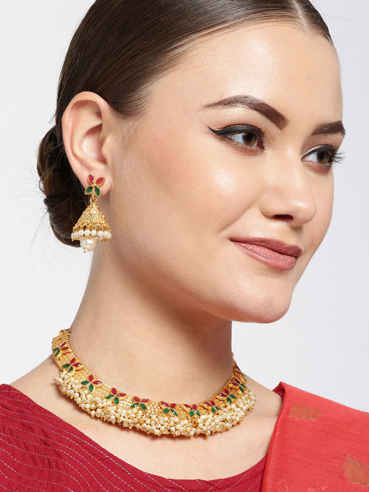 White Beads Ruby Emerlad Gold Plated Jewellery Set