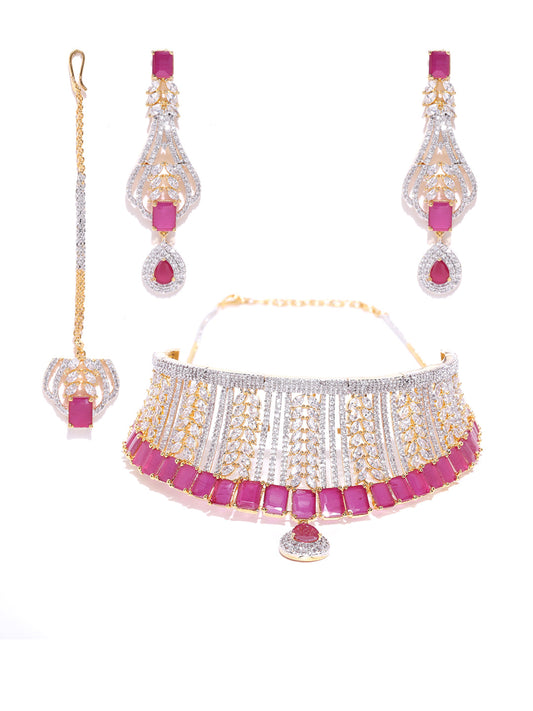 Berry Blush-Pink Ruby American Diamond MaangTikka Jewellery Set