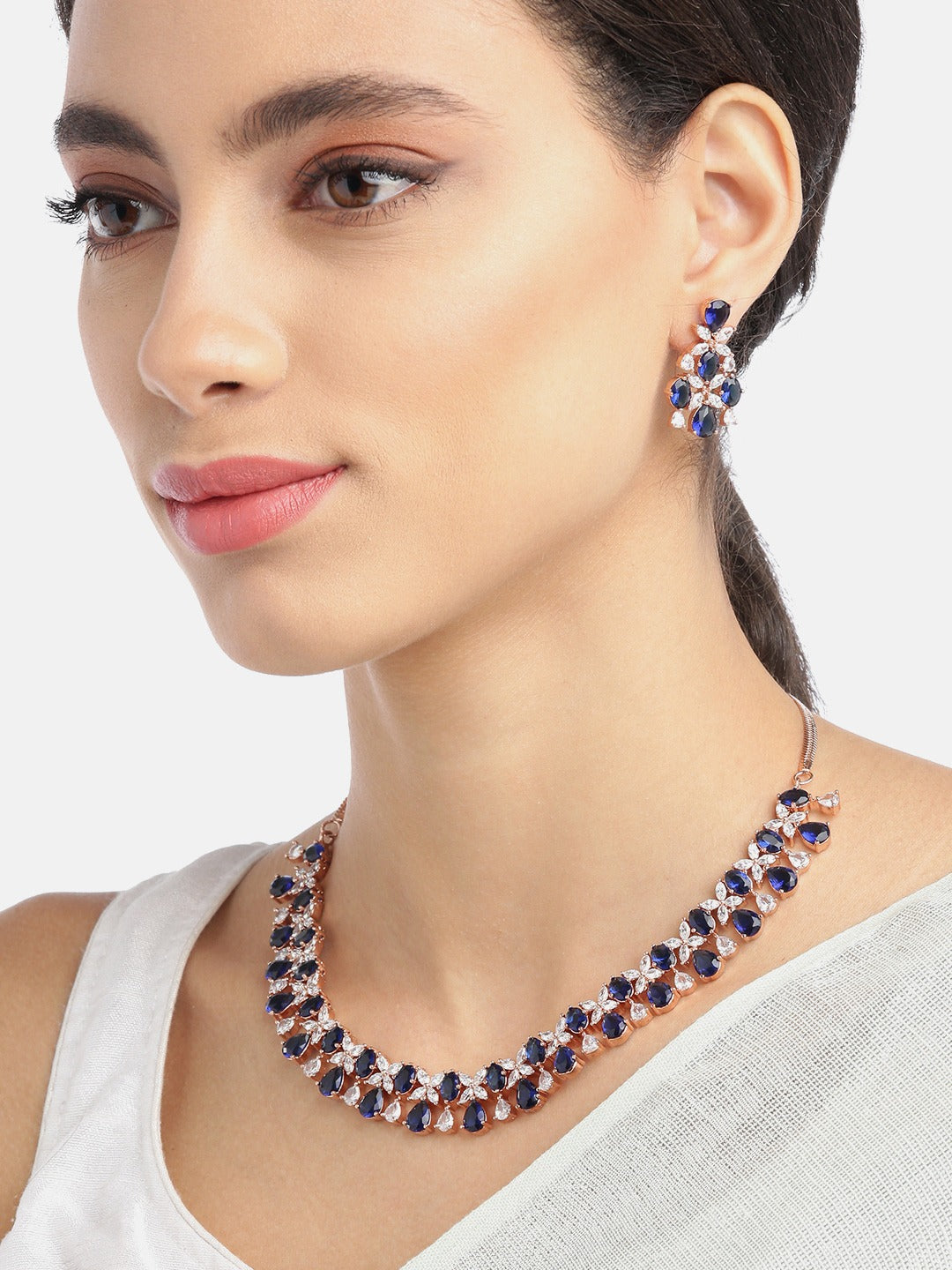 Blue American Diamond Rose Gold Plated Floral Jewellery Set