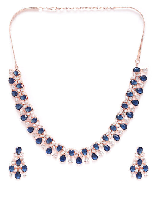Blue American Diamond Rose Gold Plated Floral Jewellery Set