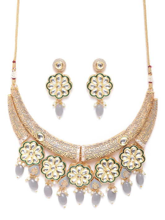 Grey Pearls Kundan Gold Plated Meenakari Jewellery Set
