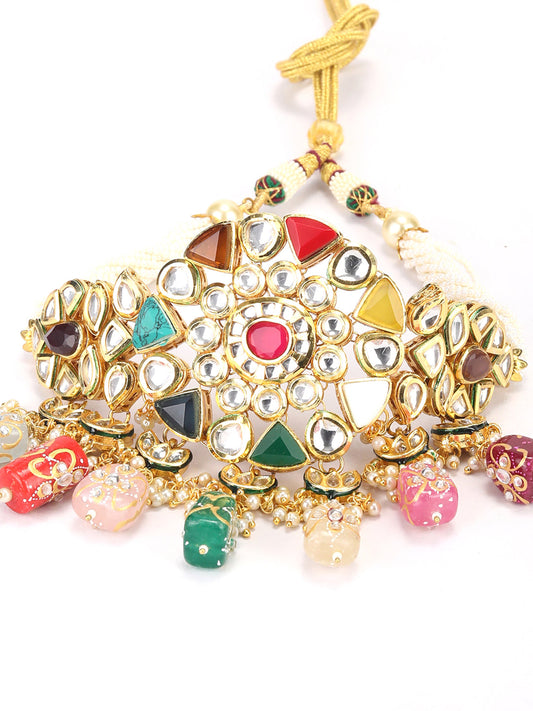 Multi-Color Pearls Beads Stones Kundan Gold Plated Choker Set