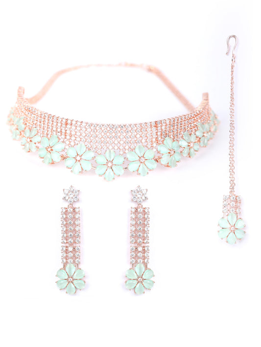 Minty Gold - Green American Diamond Cubic Zirconia Rose Gold Plated Choker Set with MaangTikka