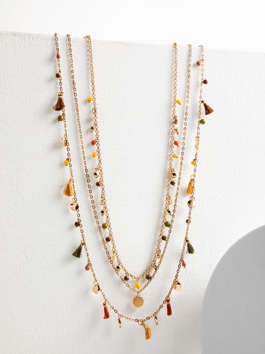 Multicolor Beaded Charm Tasselled Link Gold-Plated Necklace
