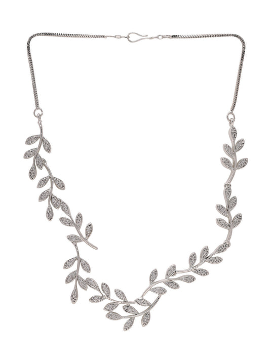 Priyaasi Foliage Elegance: Silver-Plated American Diamond Leaf Design Necklace