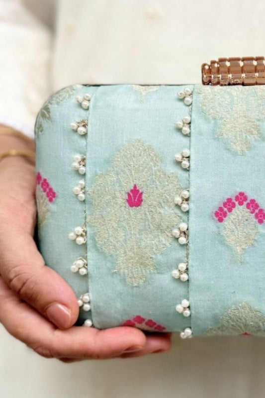 Nihari Pearl Embellished Silk Clutch - Aqua Blue