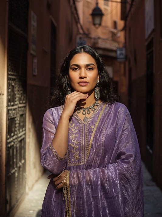 Violet Embroidered Kurta Set with Pants & Dupatta for Women