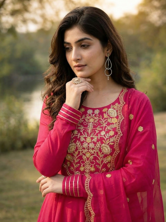 Rani Cotton Embroidered Anarkali Suit Set with Dupatta for Women