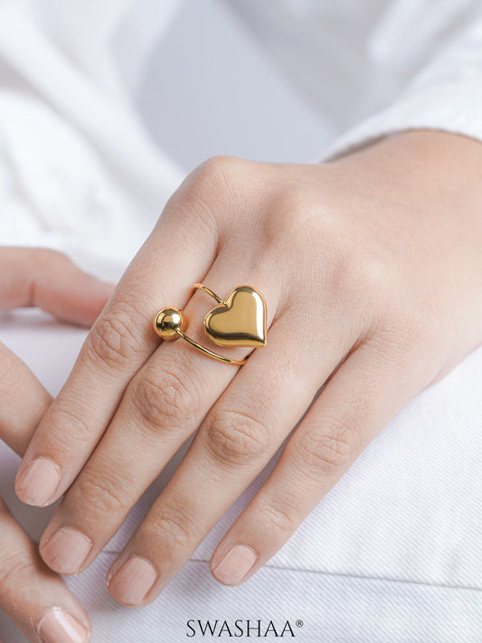 Reemi Puffed Glossy Heart Charm Round Bead 18K Gold Plated Ring