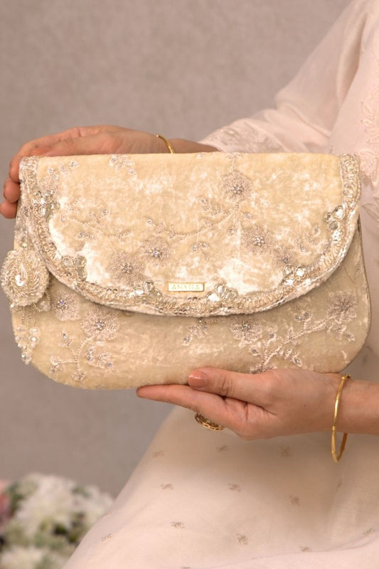 Suki Velvet Embroidered Envelope Bag - Offwhite