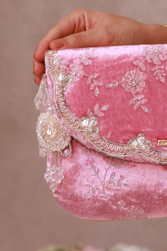 Suki Velvet Embroidered Envelope Bag - Pink