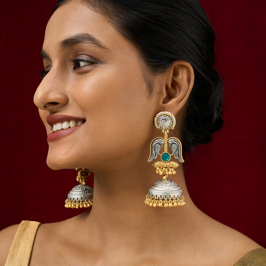 Teejh Tariqa Green Stone Dual Tone Jhumkas