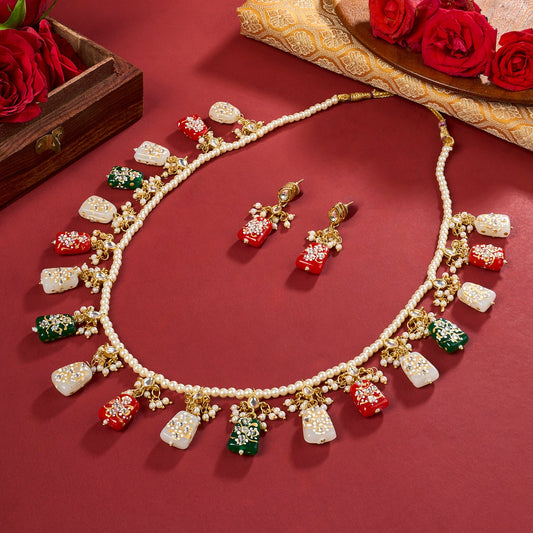 Teejh Idhika Red-White-Green Beaded Necklace Set