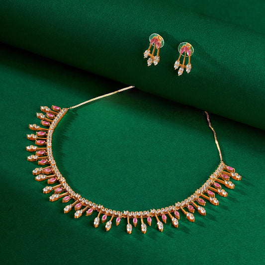 Teejh Madhur Mantra Cz stones Ruby and Rosegold Necklace Set