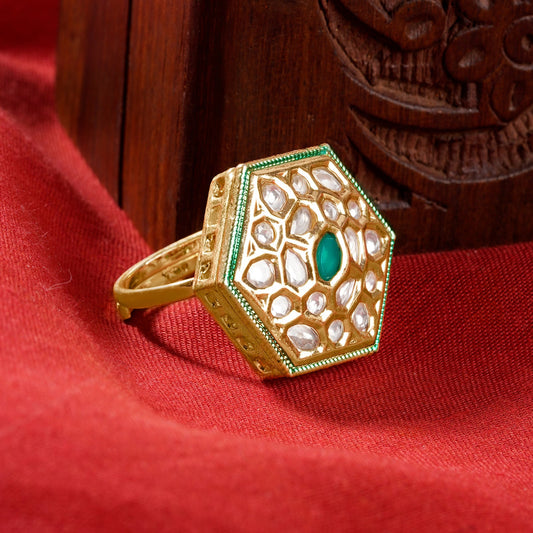 Teejh Smita Green and Gold Hexagon shaped Ring