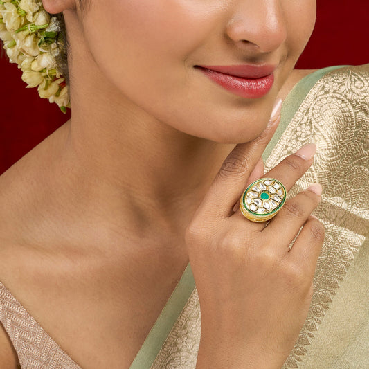Teejh Smita Green and Gold Oval shaped Ring