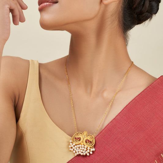Teejh Tausi Gold Oxidised Peacock Long Necklace