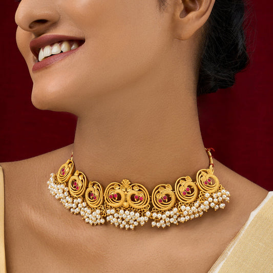 Teejh Navil Gold Oxidised Peacock Choker Necklace