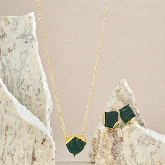 Teejh Ishaya Dark Green Natural Stone Necklace Set