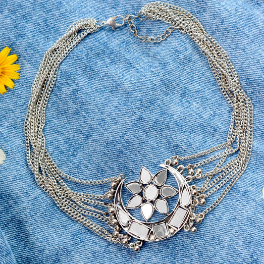 Palak Silver Oxidized Mirror Necklace - Teejh