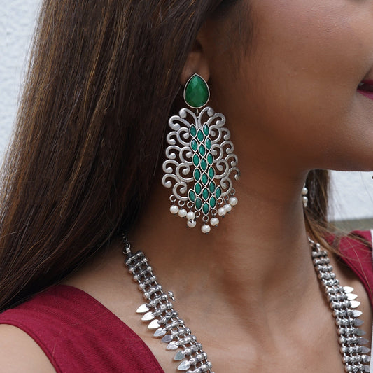 Teejh Anvita Green and Silver Oxidised Earring