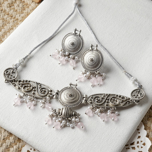 Teejh Cera Silver Oxidised Pastel Pink Necklace Set