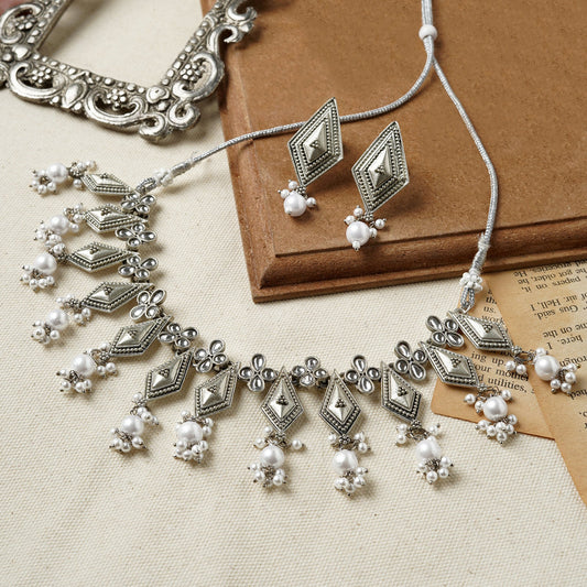 Teejh Sanghamitta Silver Oxidised White Necklace Set