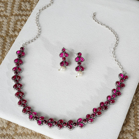 Teejh Silver and Pink Petal Fusion Necklace set
