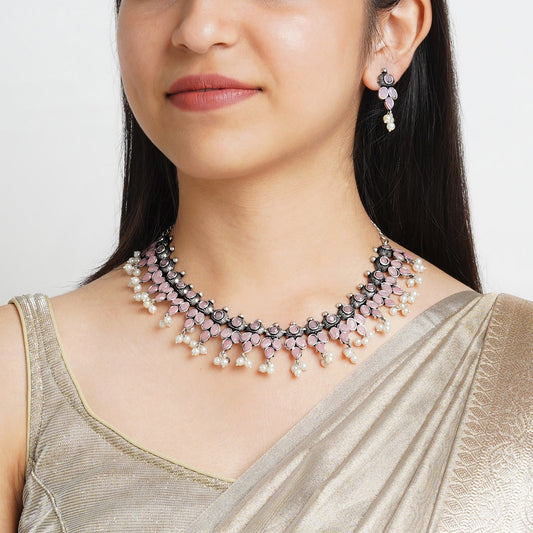 Nishan Silver Oxidised Pink Stone and Pearl Necklace Set
