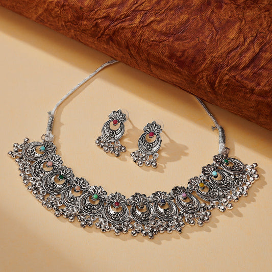 Teejh Udi Udi Jaye Multicolored Silver Oxidised Necklace Set