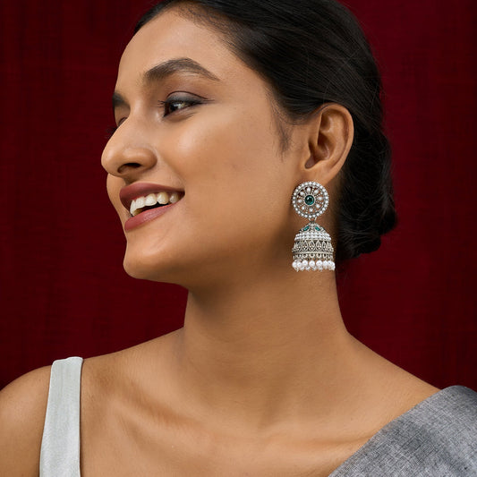 Teejh Hiran Silver Green Jhumka