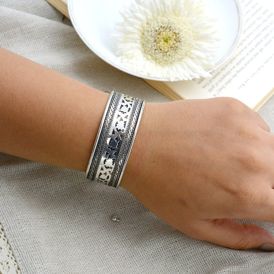 Chaya Floral Embossed Silver Oxidized Bracelet Cuff - Teejh