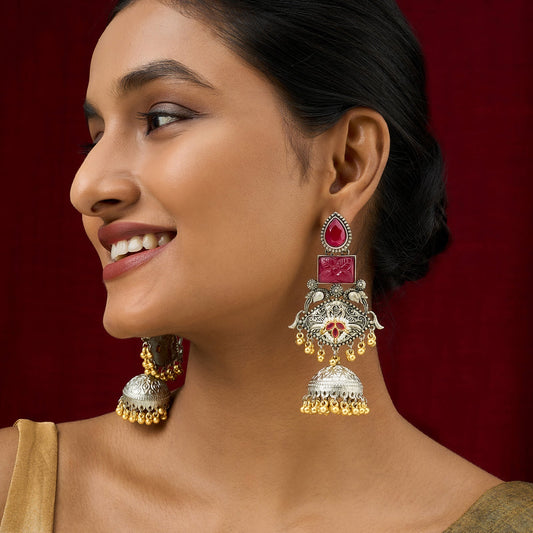 Teejh Yaga Dual Tone Red Stones Ghungroo Jhumkas