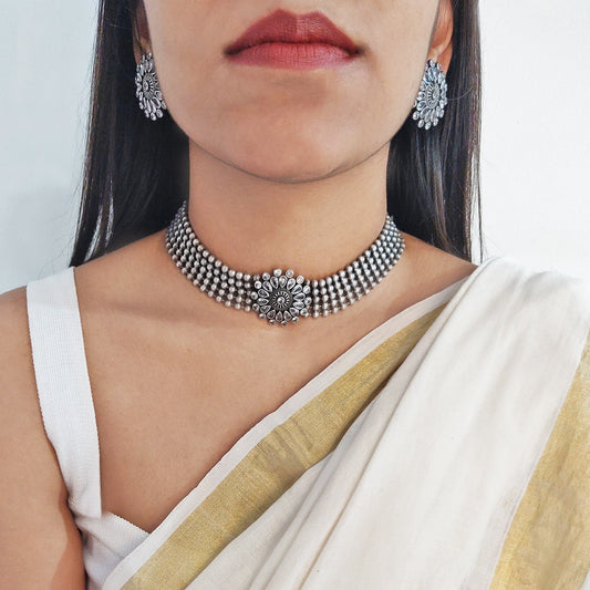 Sasha White Circular Silver Oxidized Necklace Set - Teejh