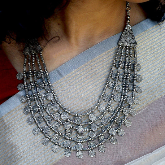 Teejh Ksheya Layered Silver Oxidised Necklace